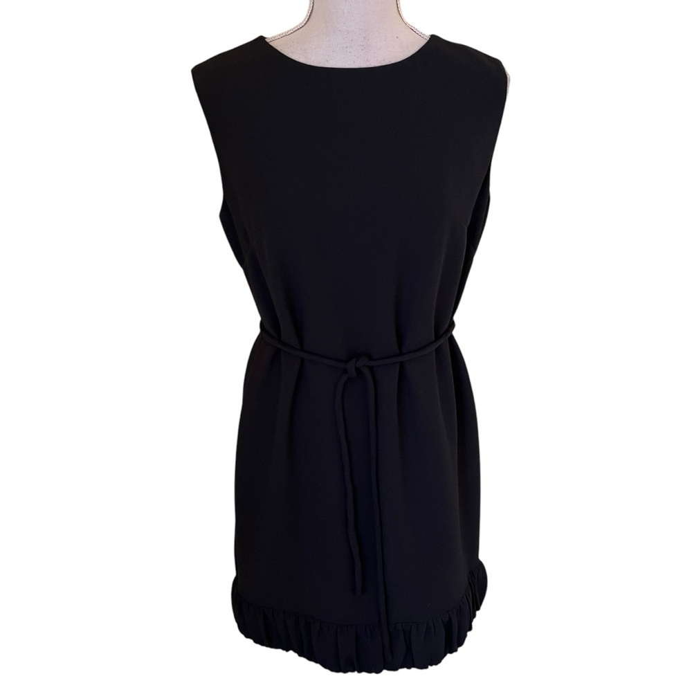 Talbots Black Crepe Sleeveless Gathered Hem Belted Sheath Dress 10P